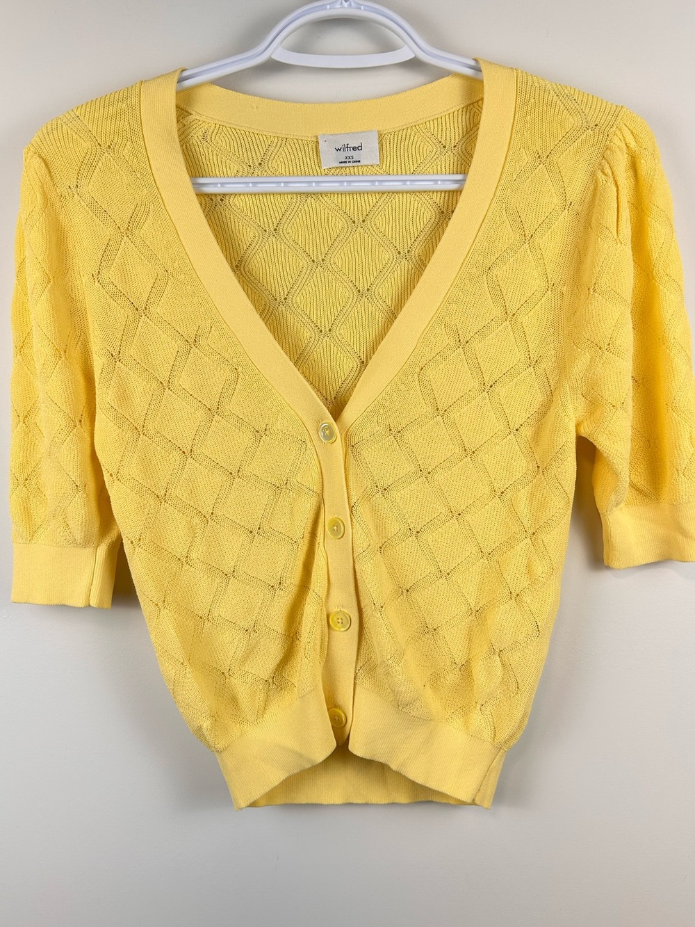 Aritzia Wilfred Pointelle Knit Short Sleeve Cardigan Yellow XXS